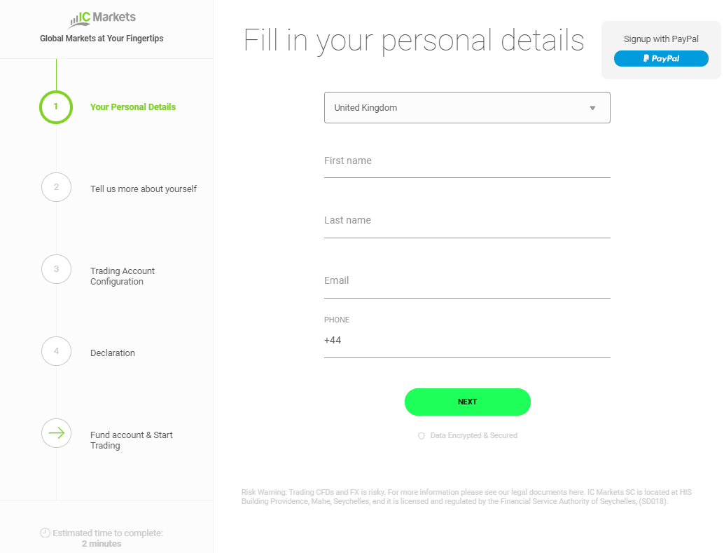 IC Markets account opening screenshot 1