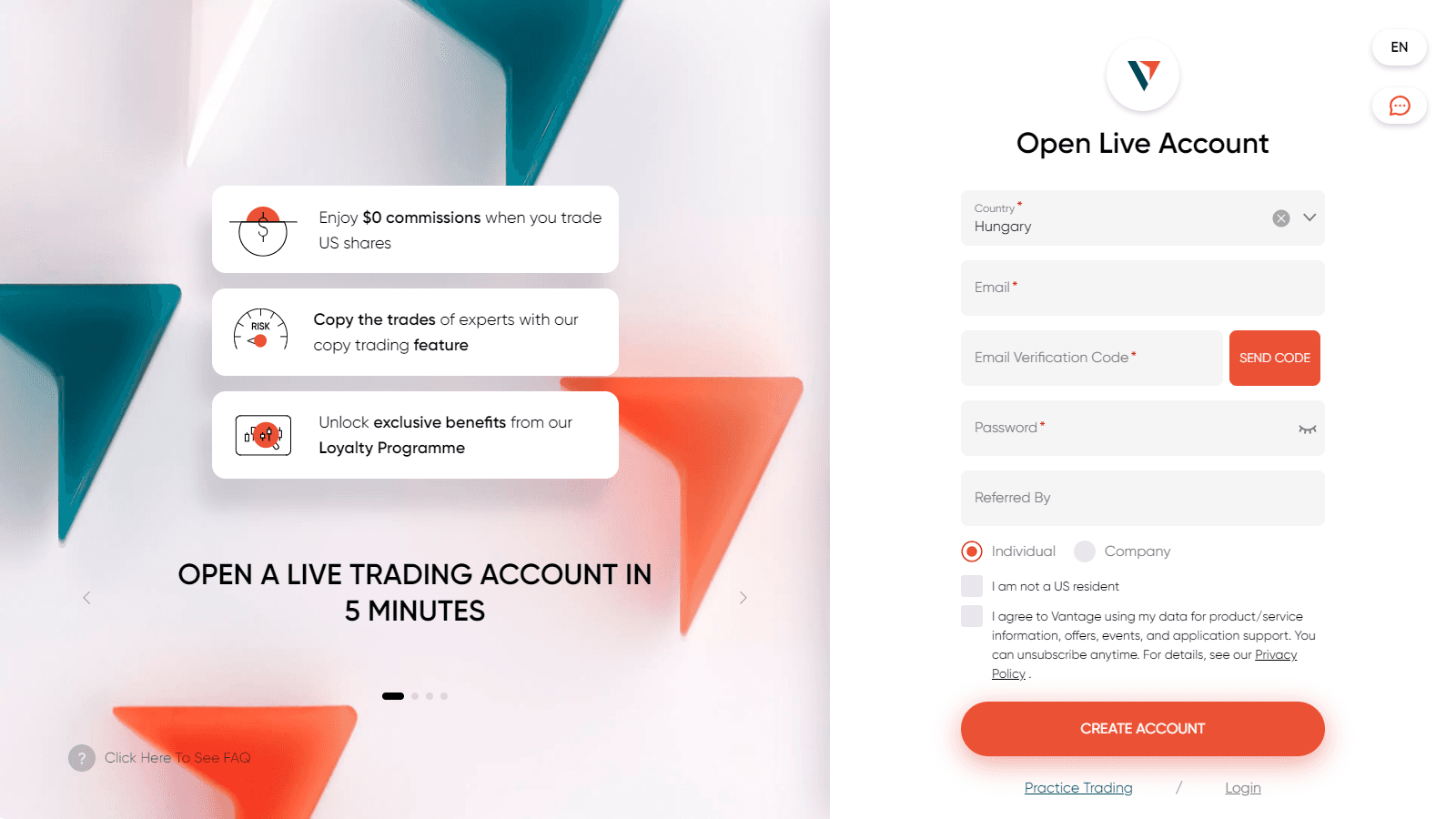 Vantage account opening screenshot 1
