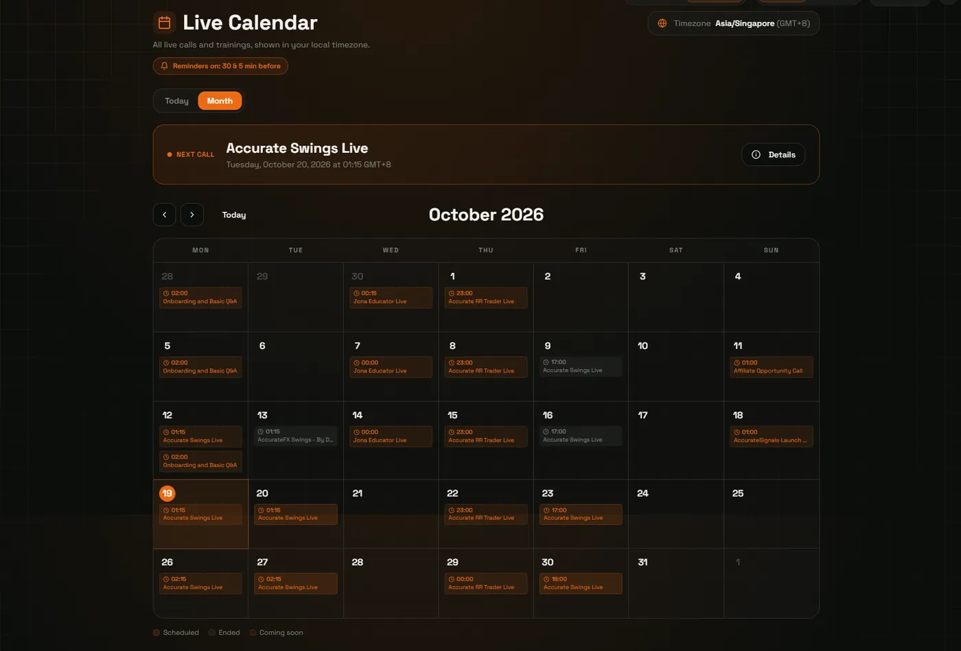 The Live Calendar showing a month of scheduled live sessions in the member's own timezone, with reminders set 30 and 5 minutes before each call